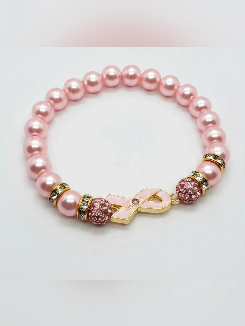 Pink Awareness Pearl Stretch Bracelet with Ribbon Charm